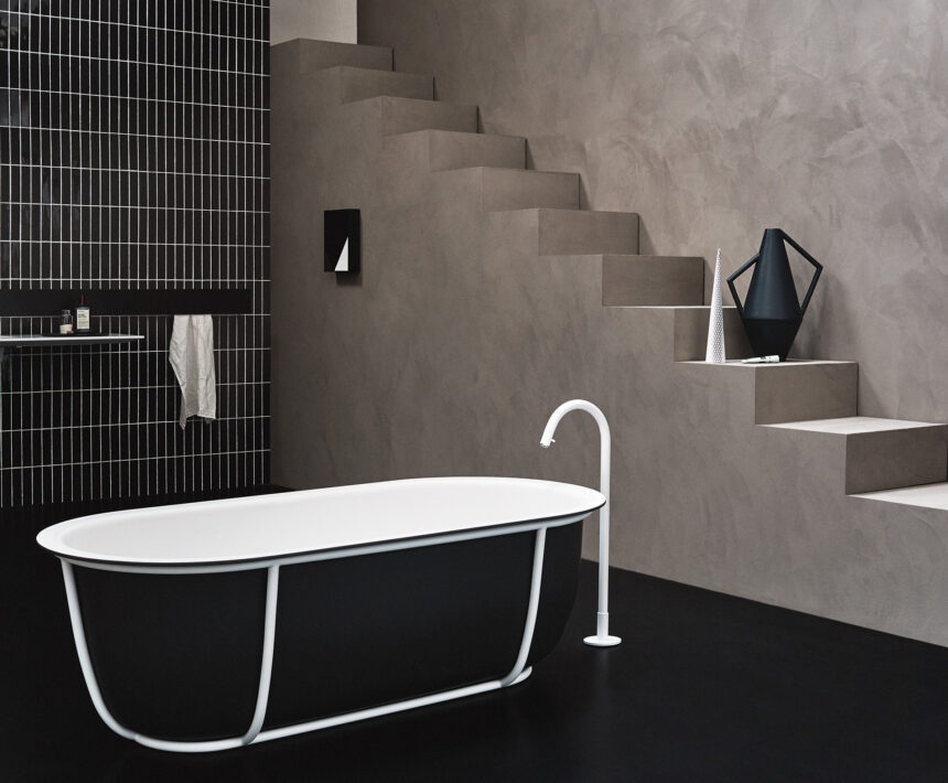 Cuna conçu par Patricia Urquiola pour Agape est une baignoire en solid surface avec structure portante en acier inox tubulaire.