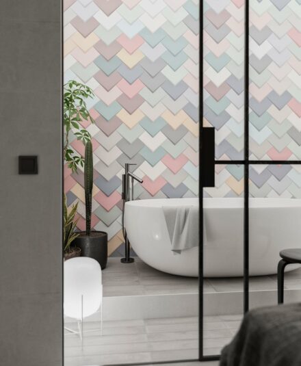 Carrelage effet 3D pour donner une salle de bains colorée et contemporaine. Collection Boho de chez WOW Design, disponible chez Hydropolis