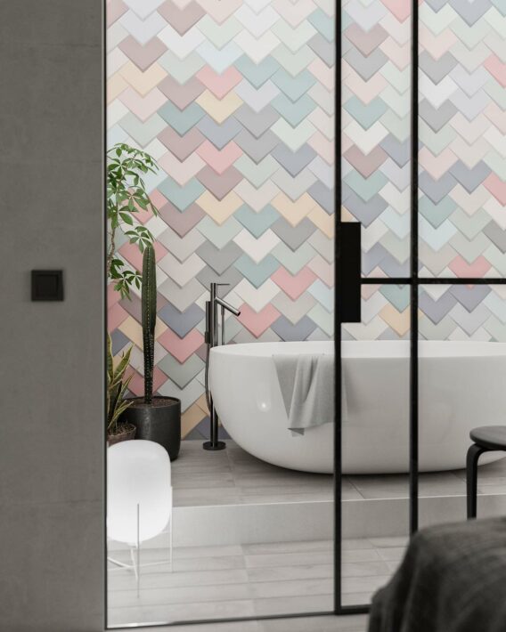 Carrelage effet 3D pour donner une salle de bains colorée et contemporaine. Collection Boho de chez WOW Design, disponible chez Hydropolis