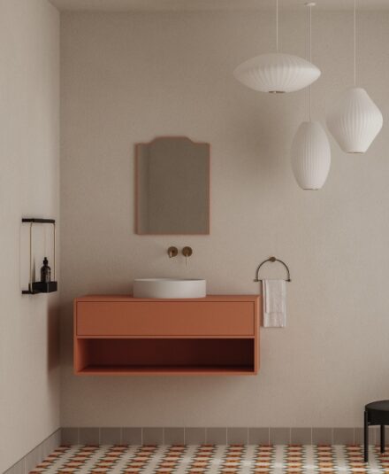 Bien aménager une petite salle de bains-Couleur Terracotta_ Meuble Noto Ex.t - Chez Hydropolis