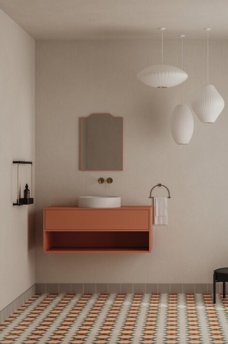 Bien aménager une petite salle de bains-Couleur Terracotta_ Meuble Noto Ex.t - Chez Hydropolis