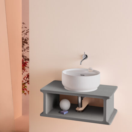 Ensemble Beam Zucchetti : vasque ronde en Cristalplant® biobased + console suspendue en frêne massif.