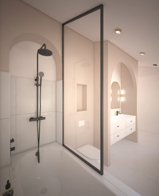 Projet Saint Cloud - Réalisation d'une petite salle de bains en enfilade - Plan 3D par Hydropolis