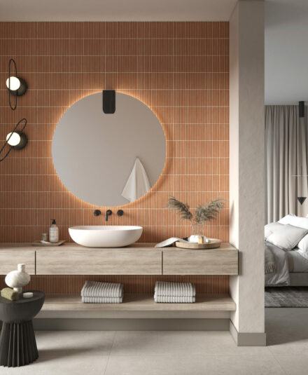 Terracotta invites itself into your bathroom credenza. Artisanal terracotta collection available from Hydropolis, designers of your custom bathroom space.