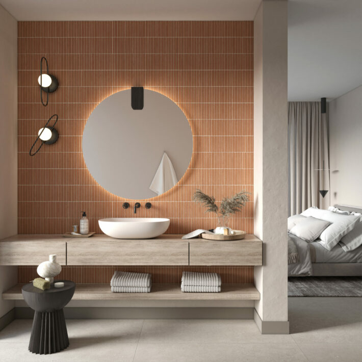 Terracotta invites itself into your bathroom credenza. Artisanal terracotta collection available from Hydropolis, designers of your custom bathroom space.