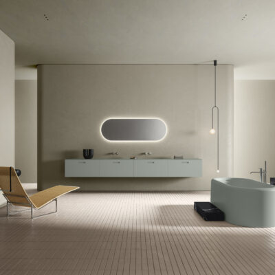 Collection Ease pour la salle de bain haut de gamme de chez Inbani. Meuble suspendu avec plan intégré et baignoire îlot en solid surface. Chez Hydropolis
