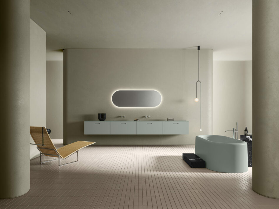 Collection Ease pour la salle de bain haut de gamme de chez Inbani. Meuble suspendu avec plan intégré et baignoire îlot en solid surface. Chez Hydropolis