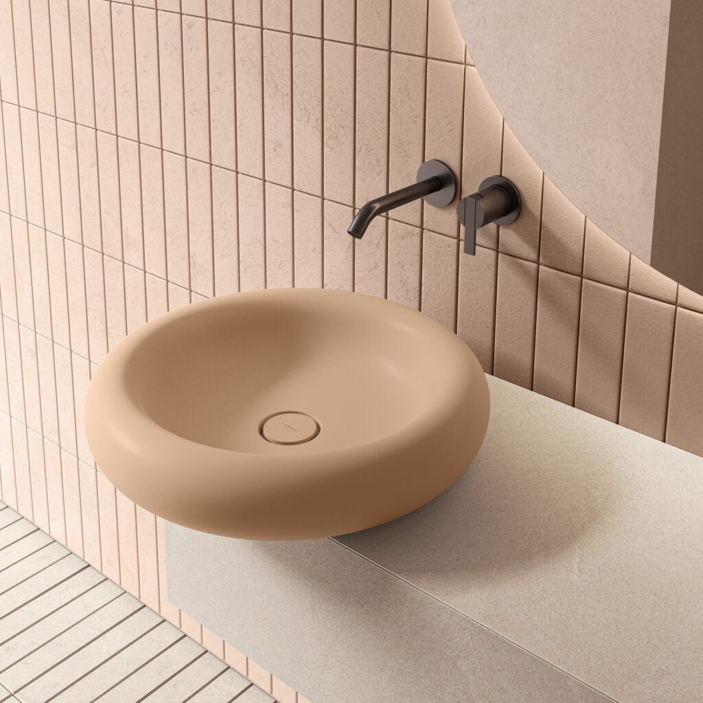 Vasque ronde en solid surface - Note Design Studio pour Inbani, collection Ease, disponible chez Hydropolis.