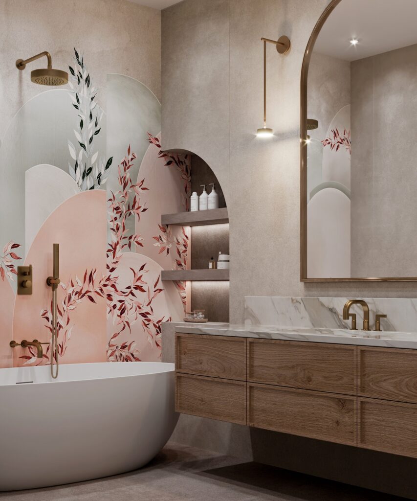 Inspiration déco avec un joli papier peint coloré posé derrière la baignoire. Projet Due Interior Design - Collection Vivido de chez Wall&Decò