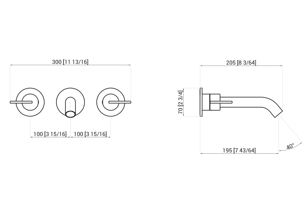 Technical diagram - Limón - 3-hole wall-mounted tap - Agape