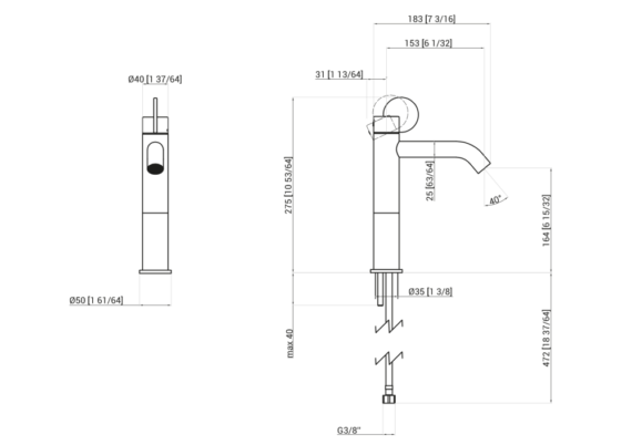 Technical drawing - Limón single hole mixer tap - Height 275 cm - Agape