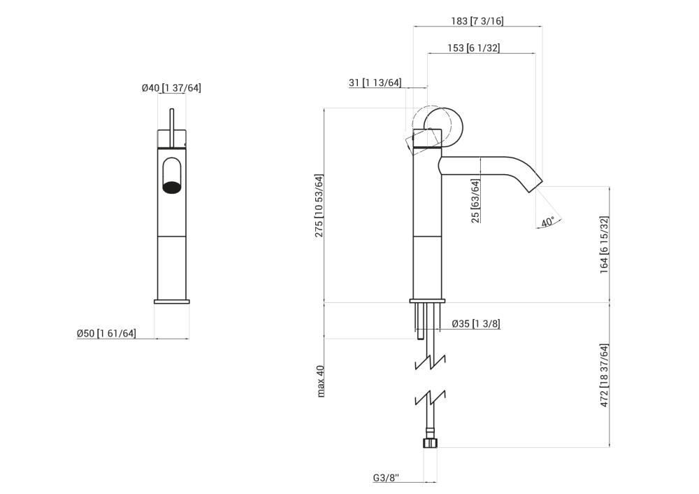 Technical drawing - Limón single hole mixer tap - Height 275 cm - Agape