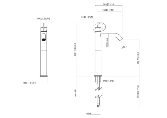 Technical drawing - Limón single hole mixer tap - Height 355 cm - Agape