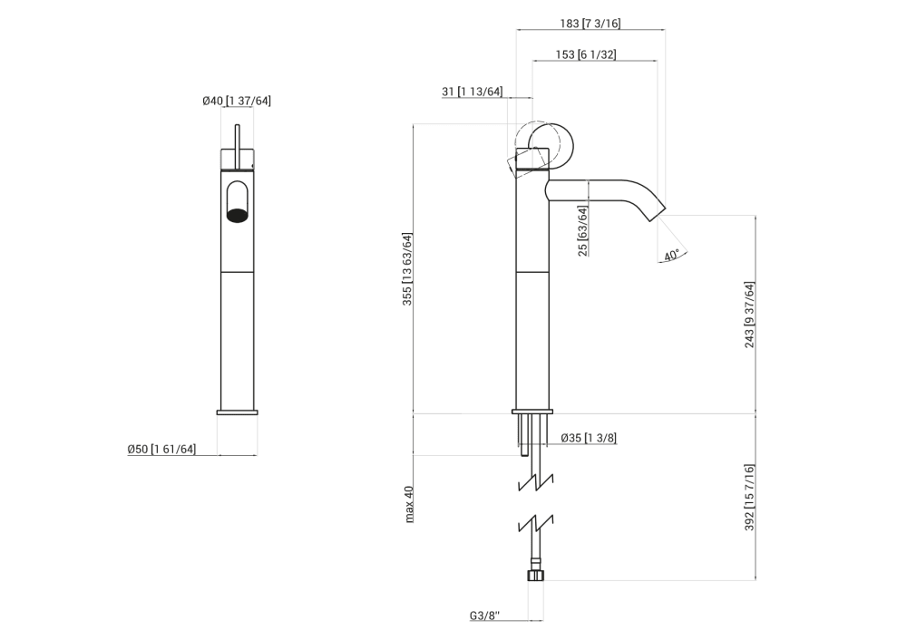 Technical drawing - Limón single hole mixer tap - Height 355 cm - Agape