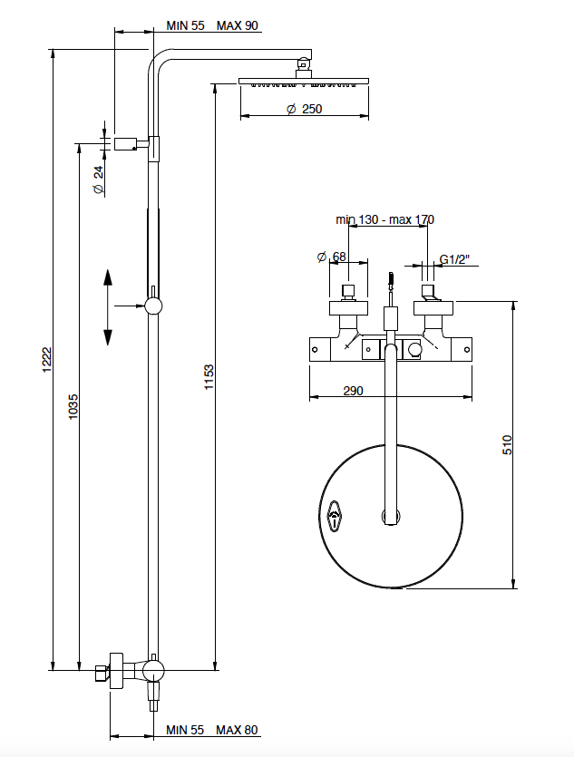 Fiche technique - Mitigeur thermostatique mural UP+ avec douchette et tête de douche anticalcaire de chez Treemme - A retrouver chez Hydropolis