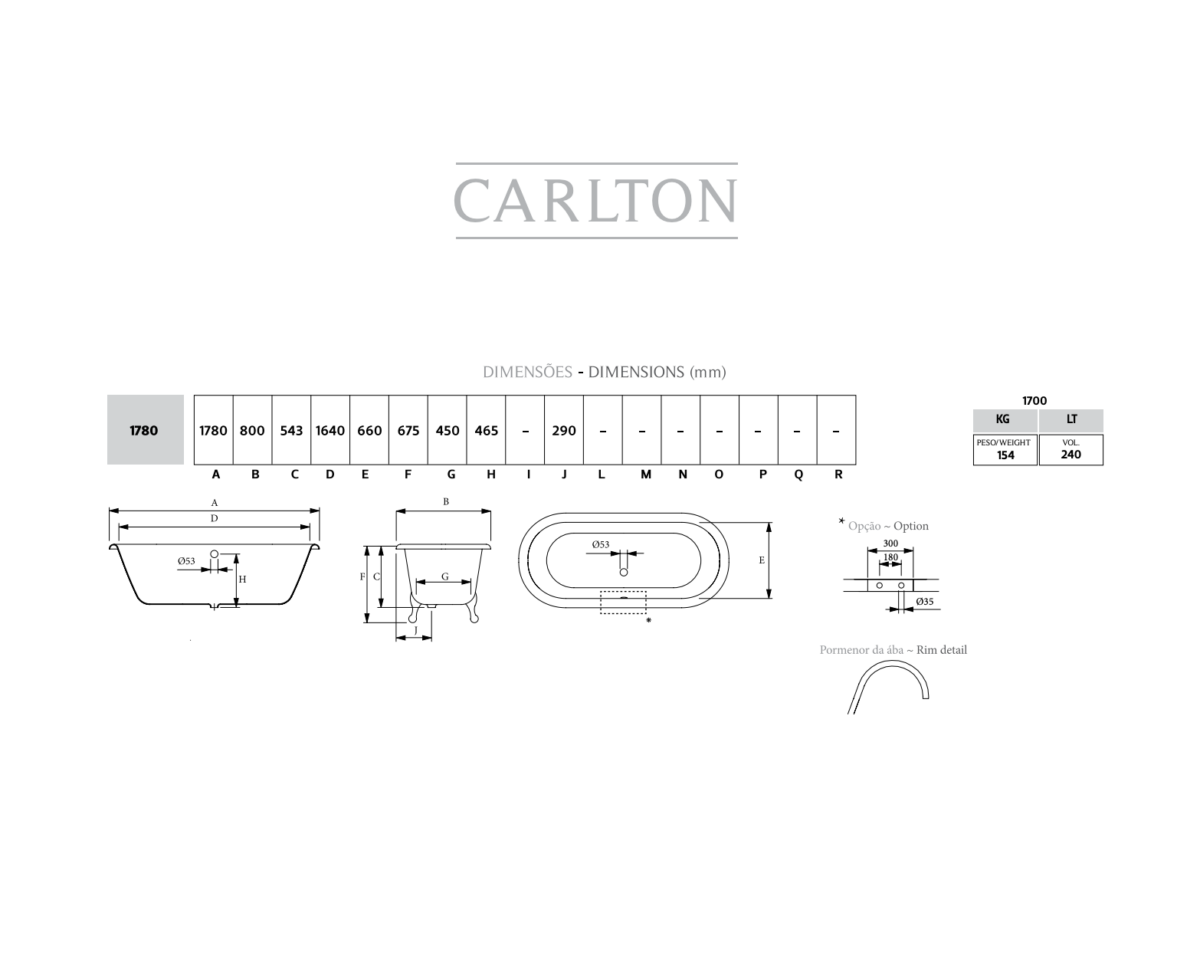 Schéma technique_Baignoire Carlton en fonte sur pieds_Recor