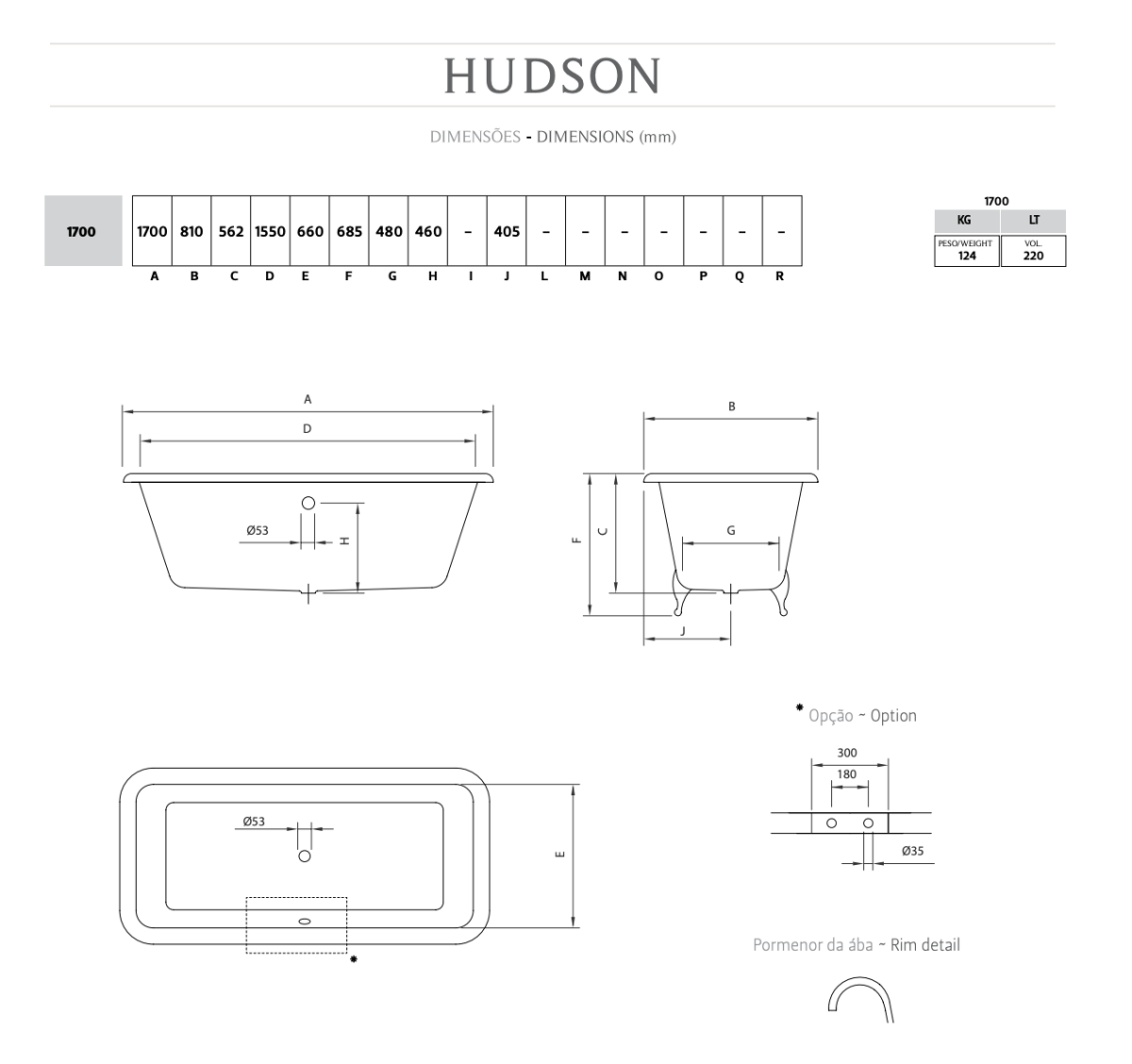 Schéma technique_Baignoire Hudson en fonte sur pieds_Recor