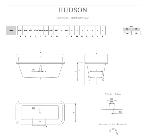 Schéma technique_Baignoire Hudson en fonte sur pieds_Recor