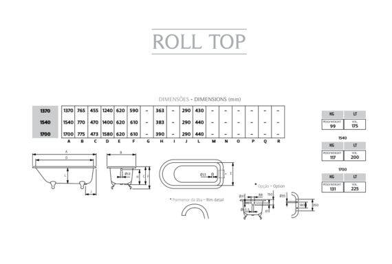 Schéma technique_Baignoire RollTop en fonte_Recor