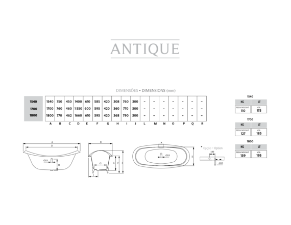 Schéma technique_Baignoire en fonte Antique_Recor