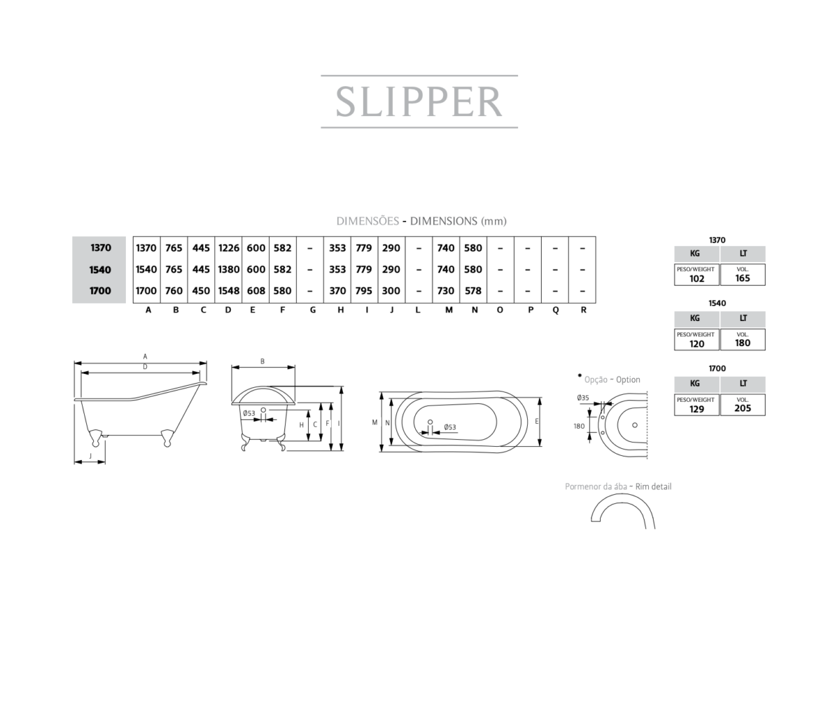 Schéma technique_Slipper_Baignoire en fonte noire sur pieds_Recor