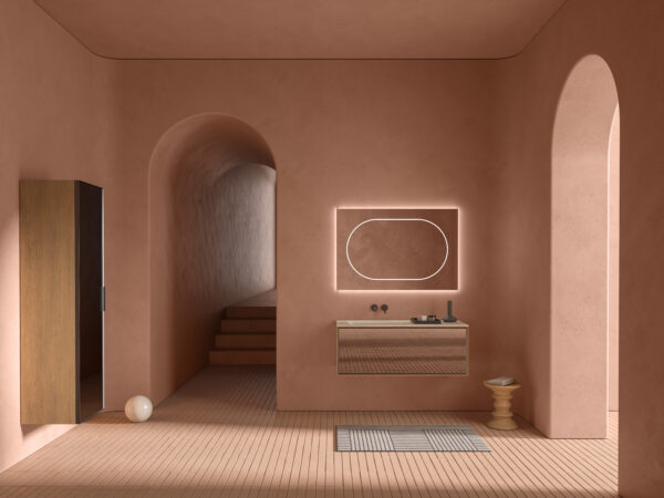 Ensemble de salle de bains - Collection Heritage - Plan vasque encastrée - meuble suspendu façades miroir gris - chez Inbani