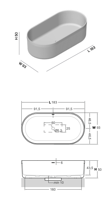 Schéma technique baignoire freestanding Heritage - Inbani