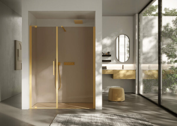 Cabine de douche SLIM - verre bronze et profilés en finition Oro -1200x851_Disenia