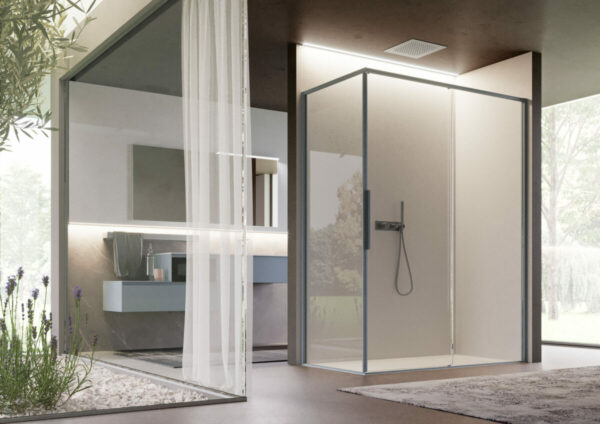 Cabine de douche BRAVE - avec verre transparent, profilé finition Azzurro India mat-1200x848_Disenia