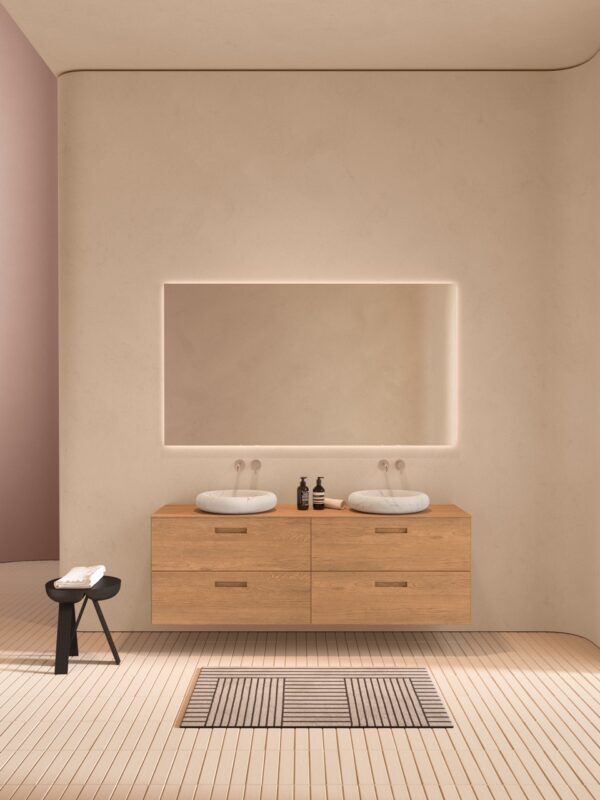 Ensemble meuble double vasques Ease en marbre de carrare_Meuble suspendu 4 tiroir en chêne naturel_Inbani