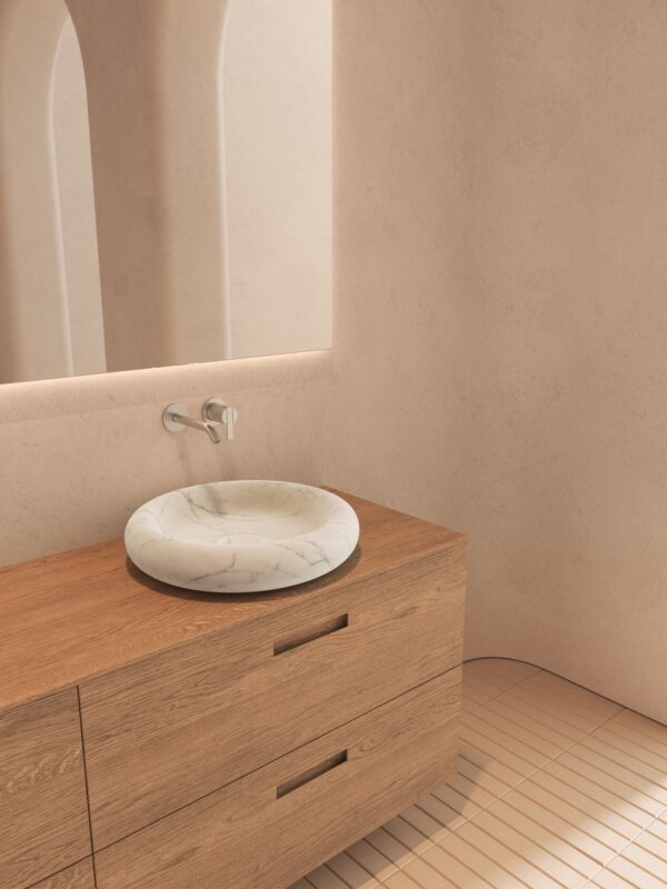 Vasque Ease en marbre de carrare_Meuble suspendu 4 tiroirs chêne naturel_Inbani