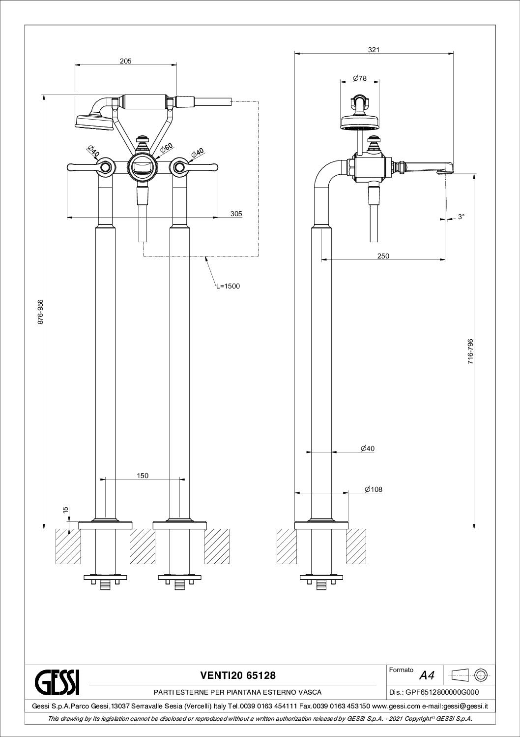 Schéma technique - Mitigeur de baignoire freestanding_Venti20_Gessi