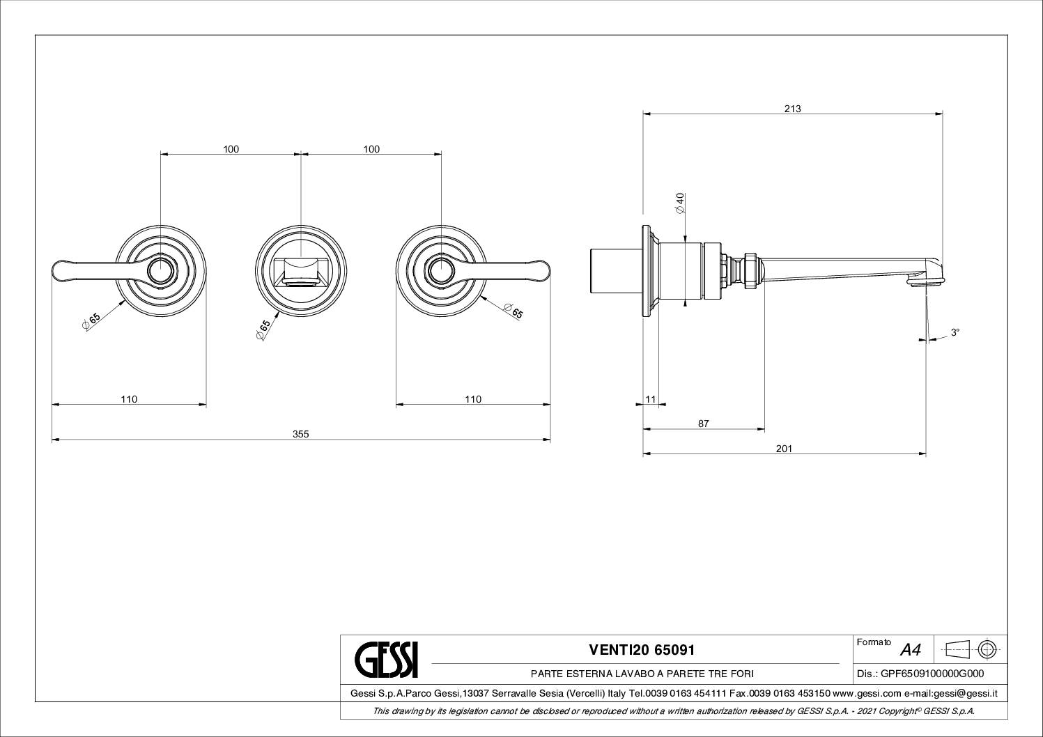 Technical Drawing - 3-hole wall-mounted basin mixer_Gessi
