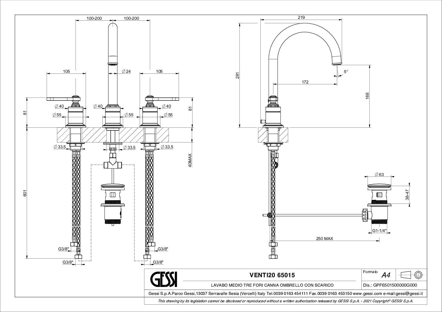 Technical diagram - Swan neck basin mixer - 3 holes - overflow_Gessi
