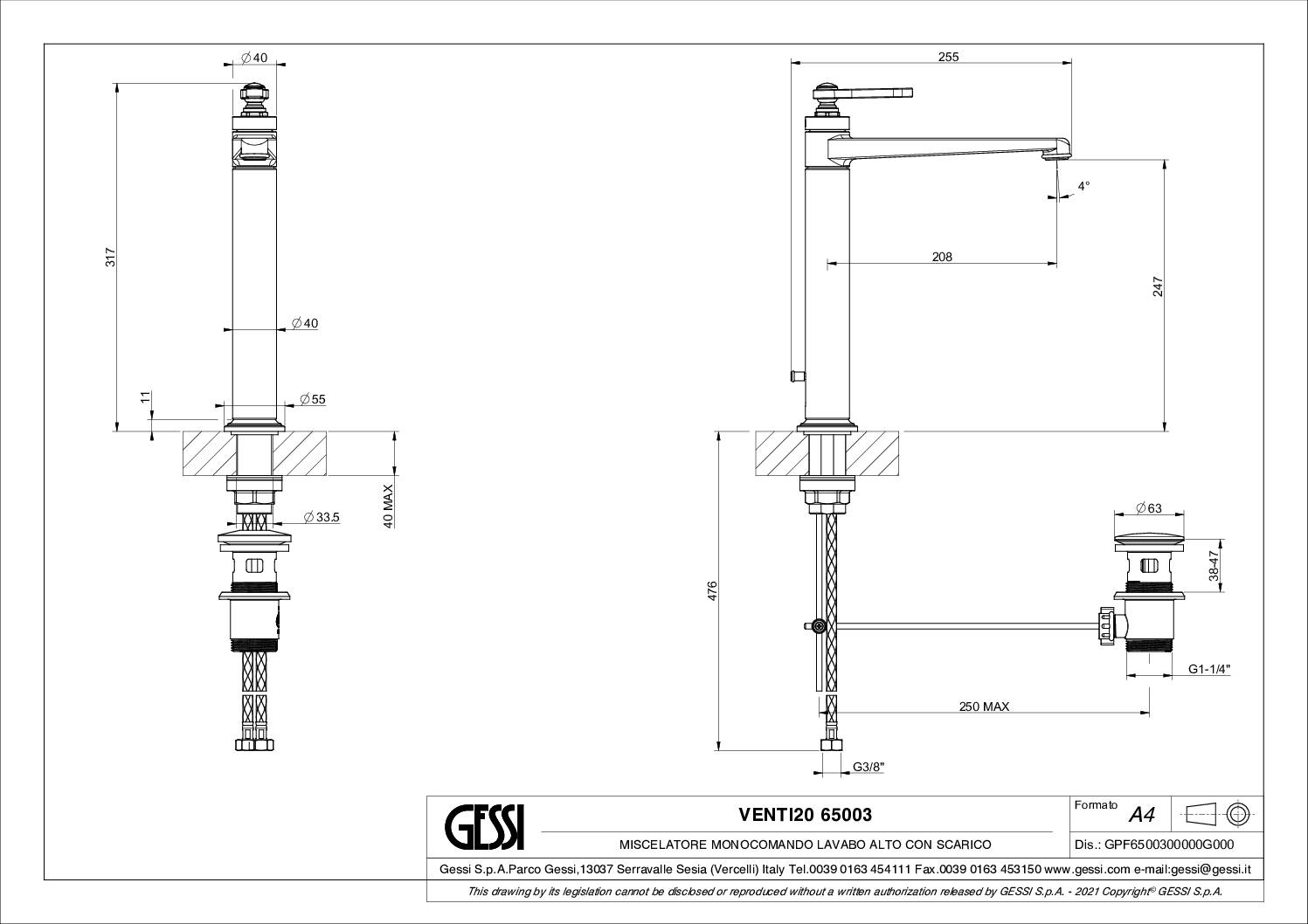 STechnical diagram - High single hole basin mixer with pop-up waste_Gessi