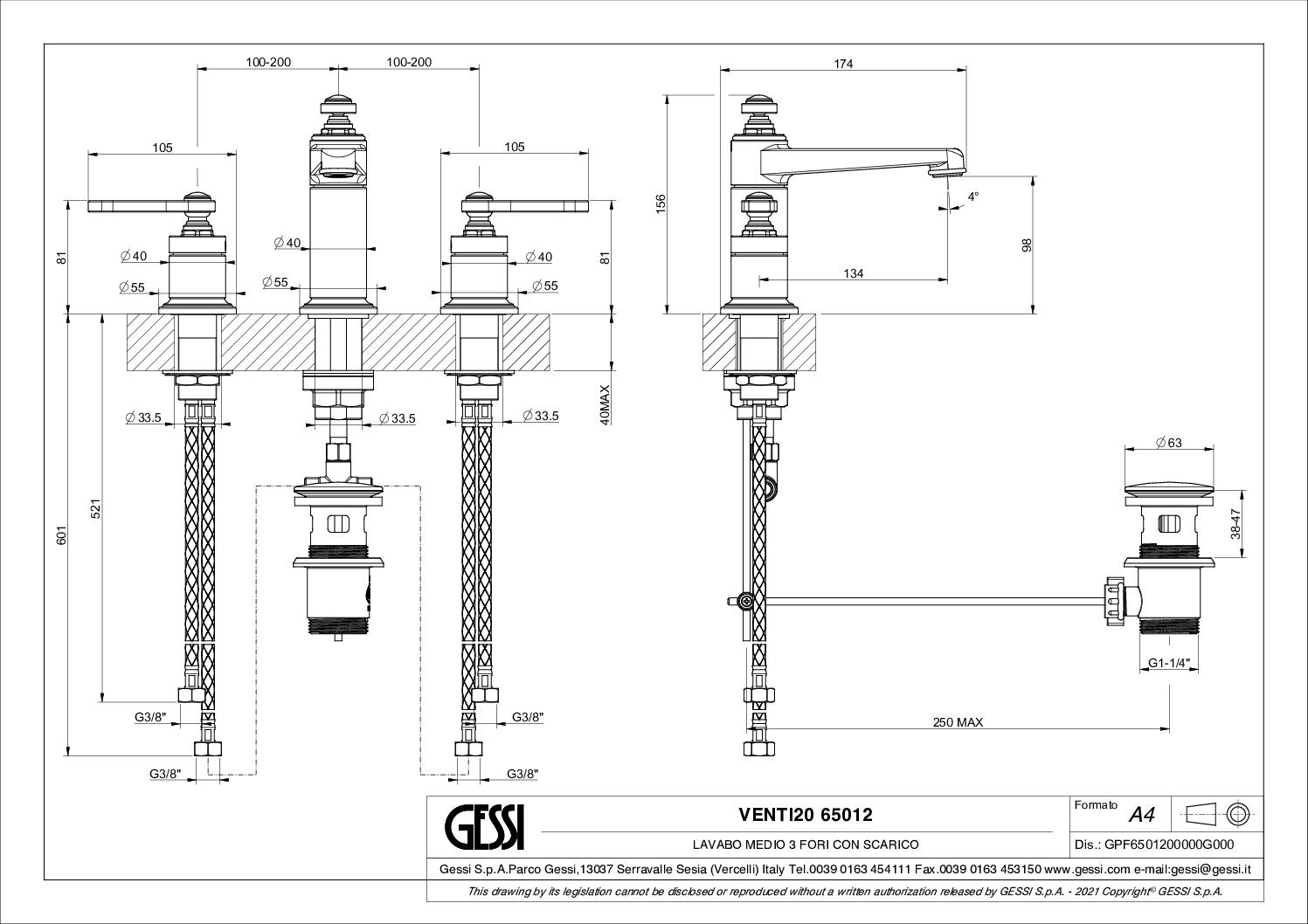 Technical diagram - Basin mixer with pop-up waste - 3 holes - Height 156_Gessi