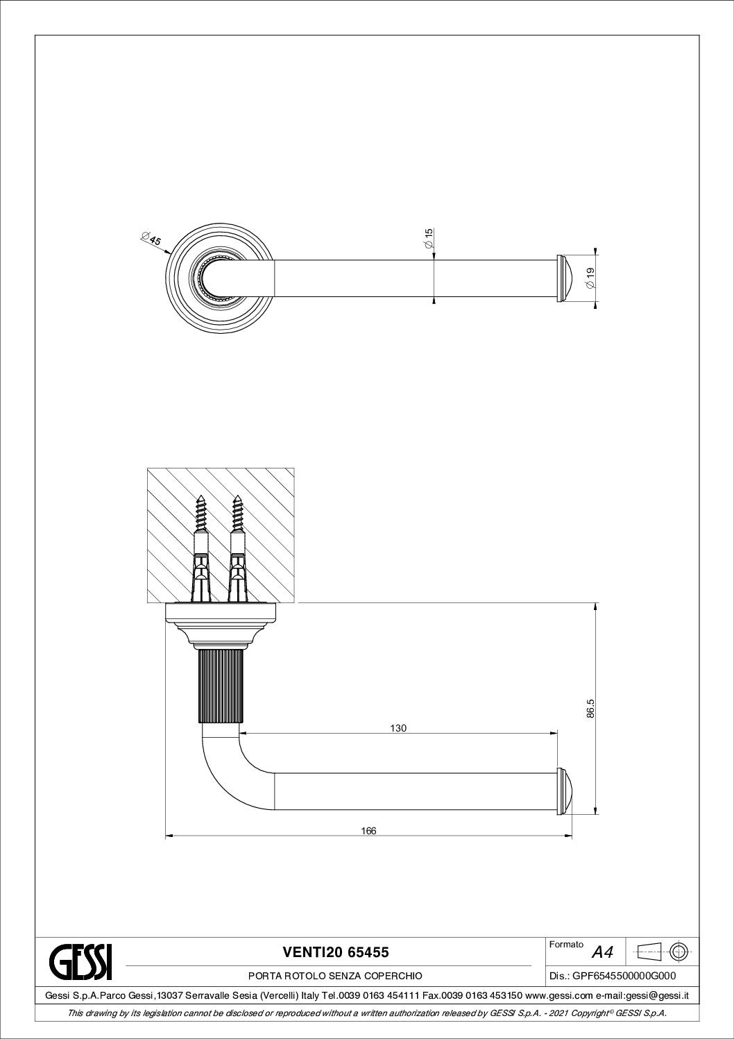 Schéma technique - Porte-papier toilettes mural_Gessi