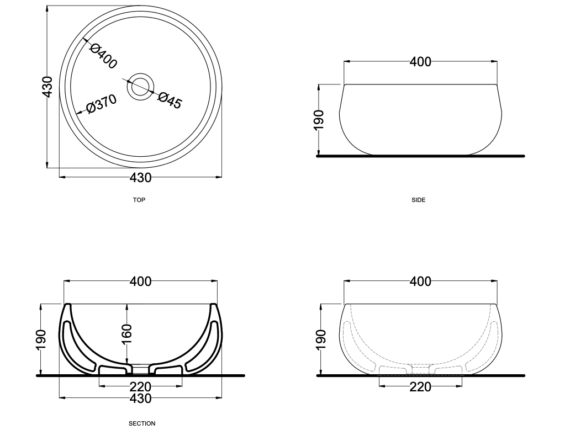 Technical details - Tino - Collection Le Bacinelle - Ceramica Cielo - Round ceramic washbasin - Hydropolis