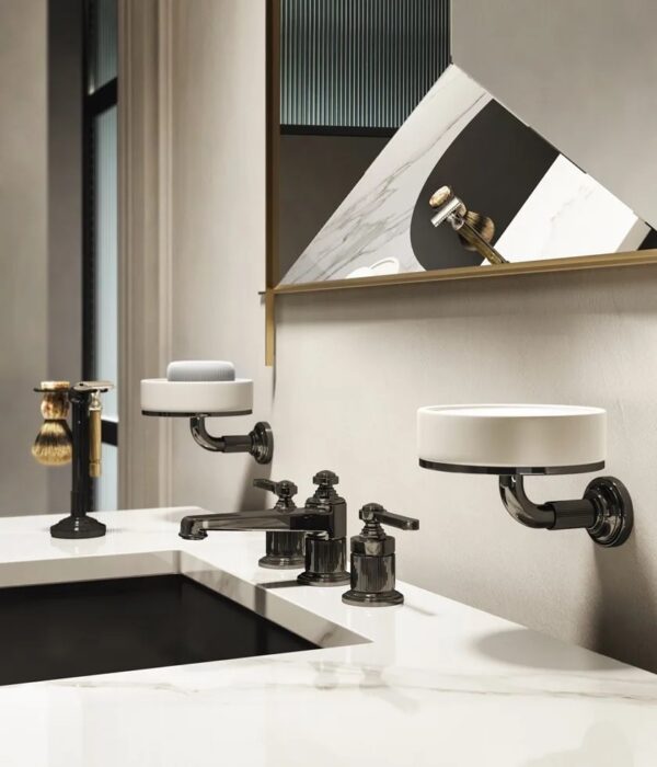 Venti20_Ambiance salle de bains - Mitigeur de lavabo 3 trous sur gorge_Black Metal PVD + Accessoires_Gessi