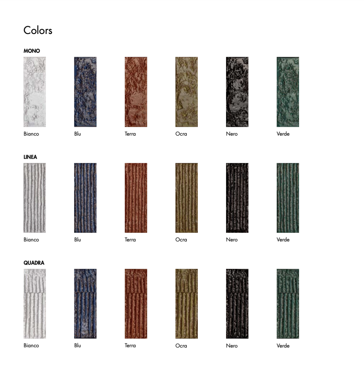 Mutina_Collections CHAMOTTE_6 couleurs_3 motifs