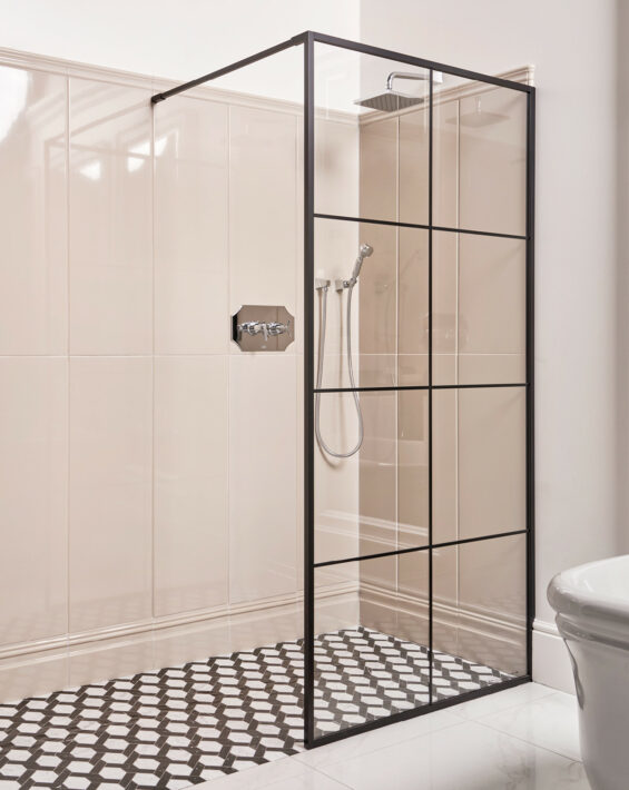 Walk-in corner shower enclosure, black finish - LOFT Collection, available at Hydropolis