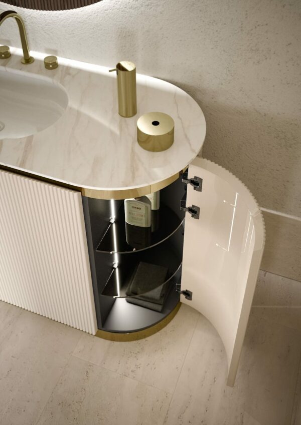 Oasis_Meuble sous-lavabo Nàos - Finition laquée brillante « Tortora Elegance ». Plan de travail en marbre Calacatta Oro