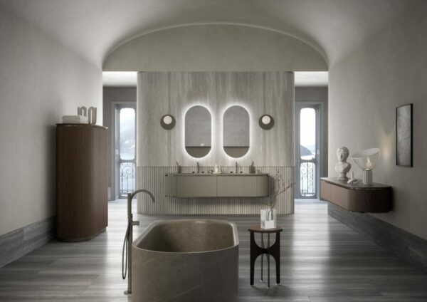 Oasis_Meuble sous-lavabo Nàos en finition laquée « London Grey » mat:Nickel noir brillant. Plan en marbre Pietra Medea