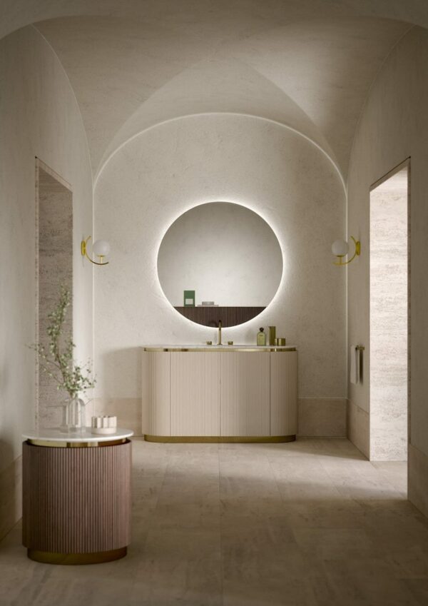Oasis_Meuble sous-lavabo Nàos en finition laquée brillante « Tortora Elegance ». Plan de travail en marbre Calacatta Oro