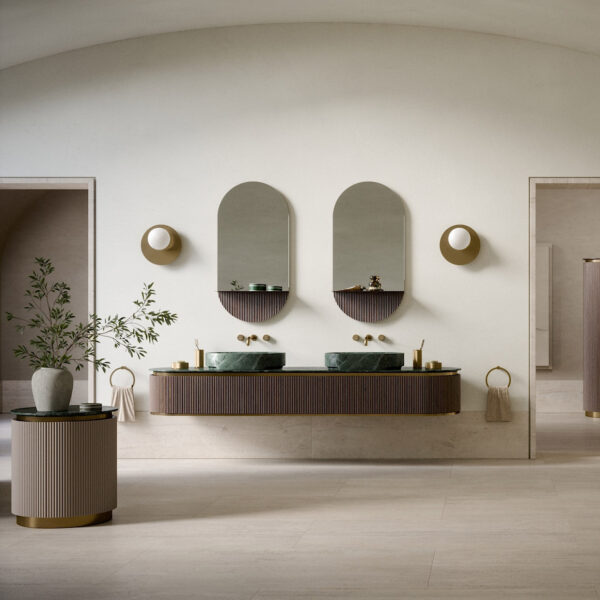 Oasis_Meuble sous-lavabo Nàos en finition noyer strié avec plan de travail en marbre Verde Alpi