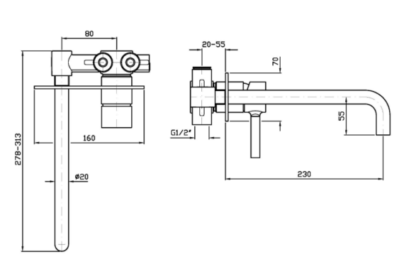 Zucchetti_Pan_Robinet_Mural_Deux_Sorties_Plan_Technique