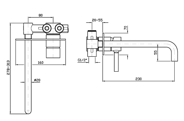 Zucchetti_Pan_Robinet_Mural_Deux_Sorties_Plan_Technique
