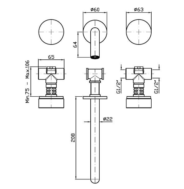 ISY22_Zucchetti_Mitigeur_Mural_Lavabo_Trois_Sorties_Dessin_Technique