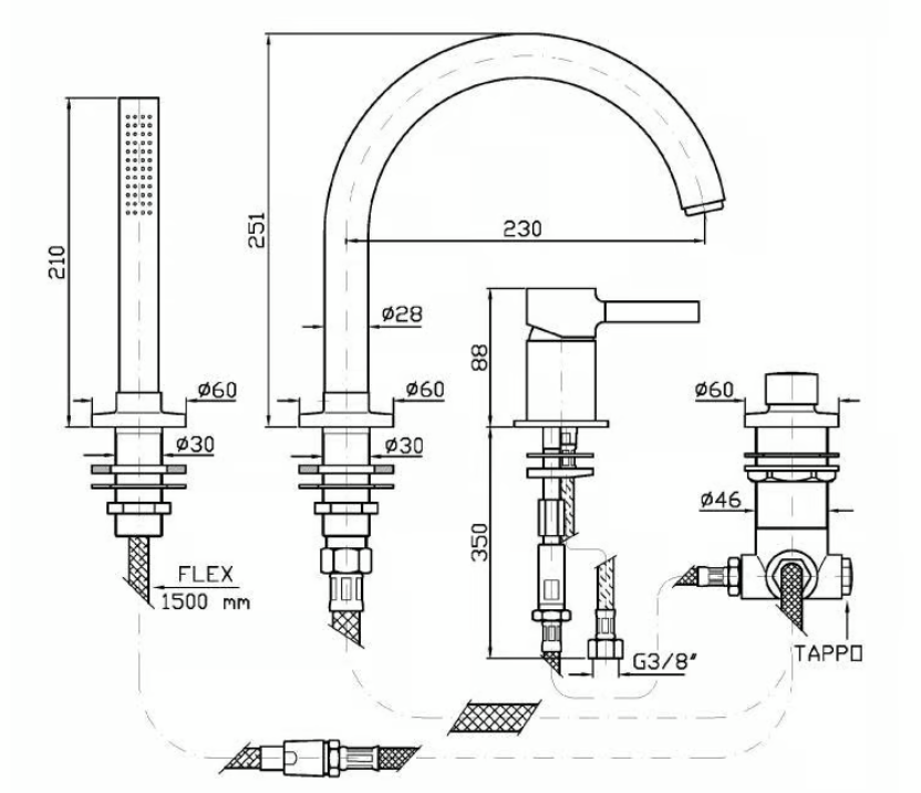 Pan_Zucchetti_Robinet_Gorge_Baignoir_Schema_Technique_Quatres_Trous