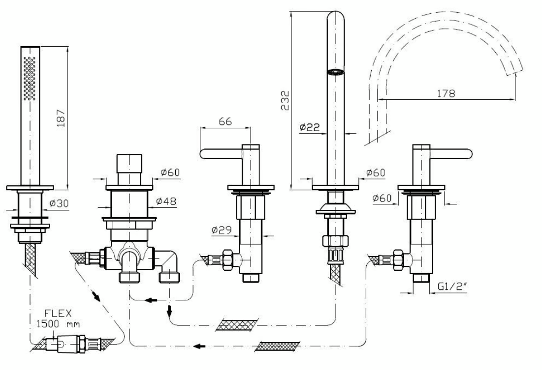 Zucchetti_ISY22_Robinet_Gorge_Bain_Cinq_Sorties_Plan_Technique
